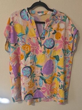 Colorful Citrus Floral Top in Yellow, Purple, Pink
